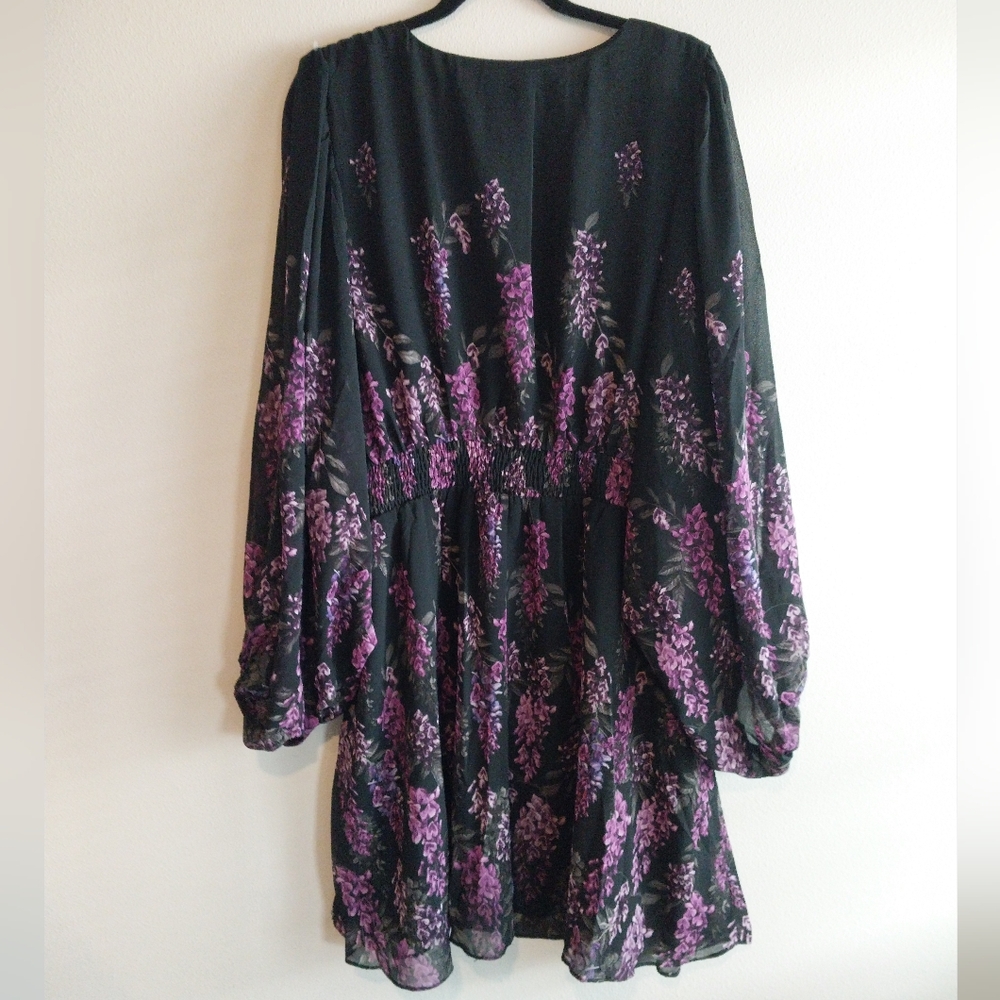 City Chic Black & Purple Floral Print Faux Wrap Balloon Sleeve Midi Dress NWT - Picture 2 of 9